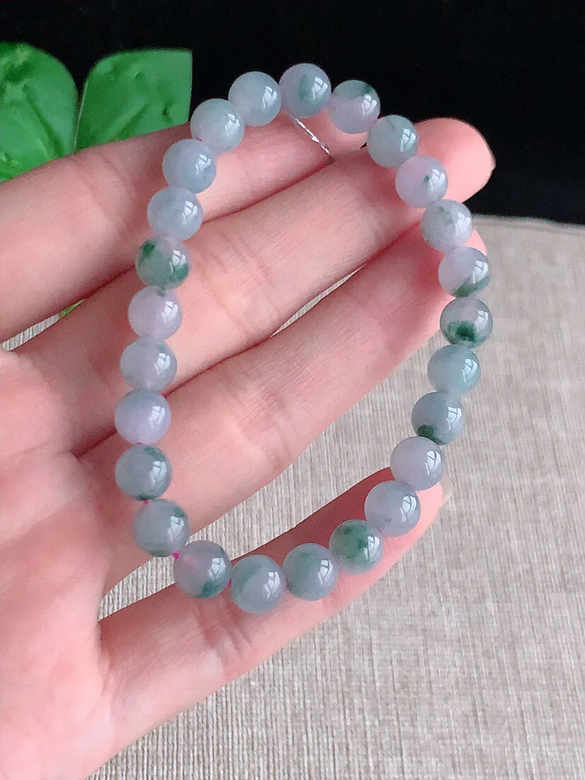 a货翡翠老坑冰种飘花圆珠佛珠手串25颗 尺寸6.6mm 重量14.96g 0614