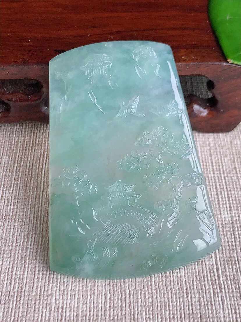 a货翡翠老坑冰种晴水意境山水牌吊坠 尺寸57.4×38.3×5.4mm 重量29.63g 0614