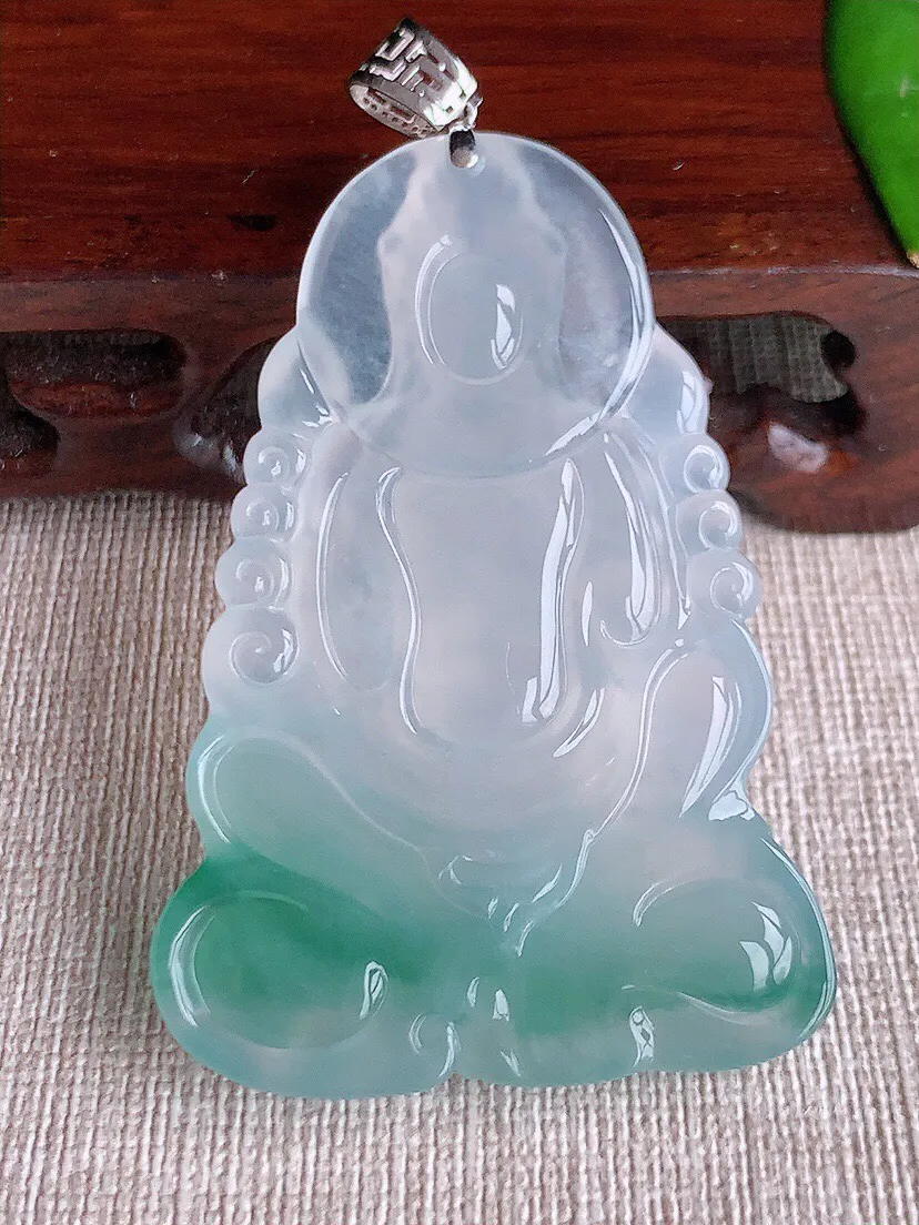 a货翡翠老坑冰种18K金镶嵌飘花文殊菩萨吊坠 尺寸57×39×6mm 重量26.36g 0614