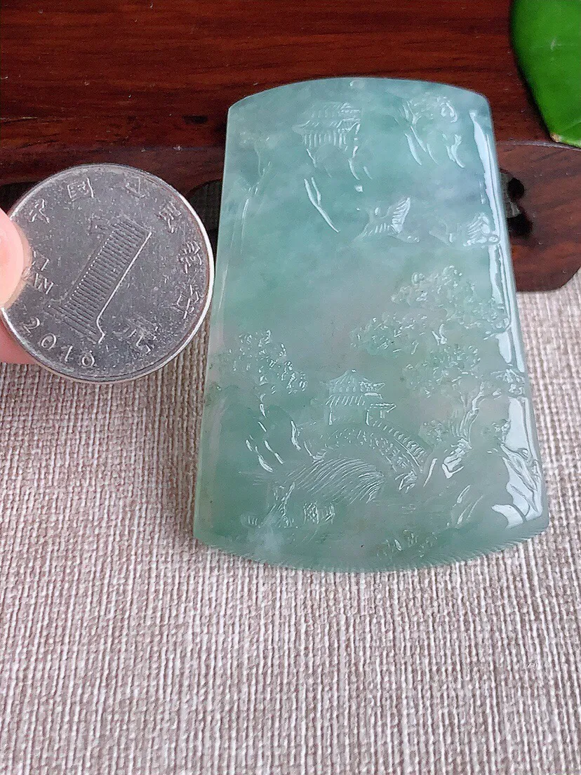a货翡翠老坑冰种晴水意境山水牌吊坠 尺寸57.4×38.3×5.4mm 重量29.63g 0614
