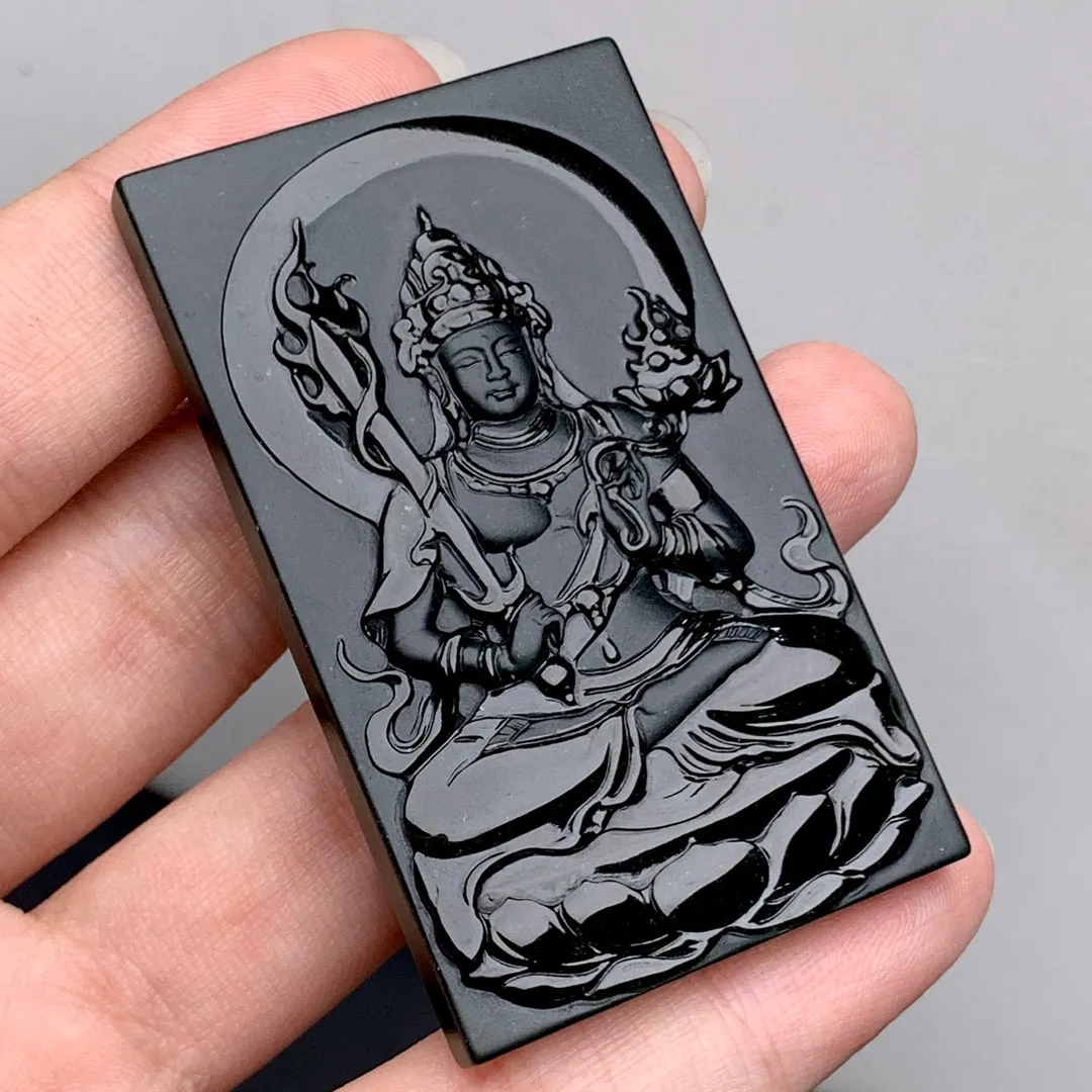 缅甸墨翠虚空藏观音菩萨，黑度油亮 种老起胶 肉质细腻 打灯色绿 冰透十足，厚装 雕工精美 可打孔绑绳