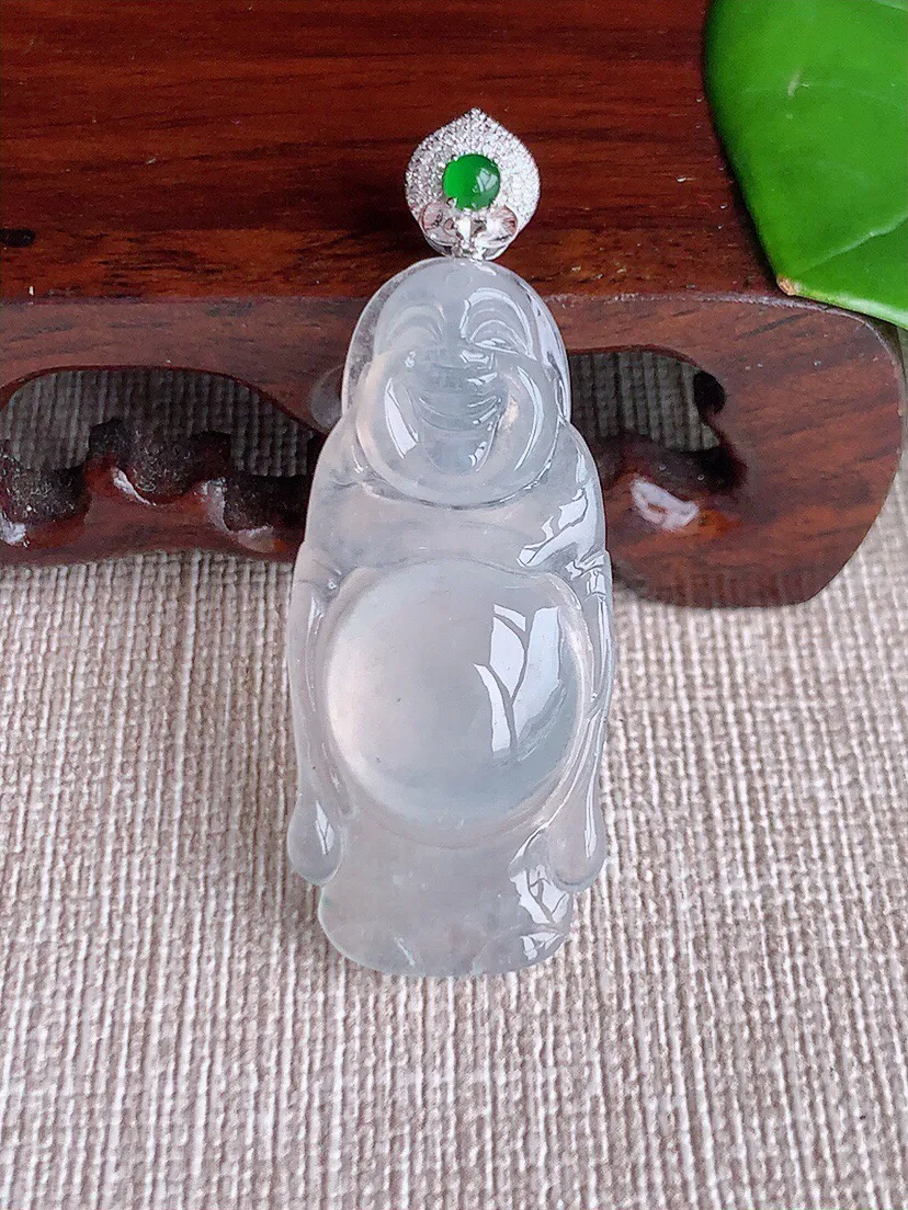 a货翡翠老坑冰种18K金伴钻镶嵌白月光站佛吊坠 尺寸46×37×17×6.3mm 重量6.85g 0615