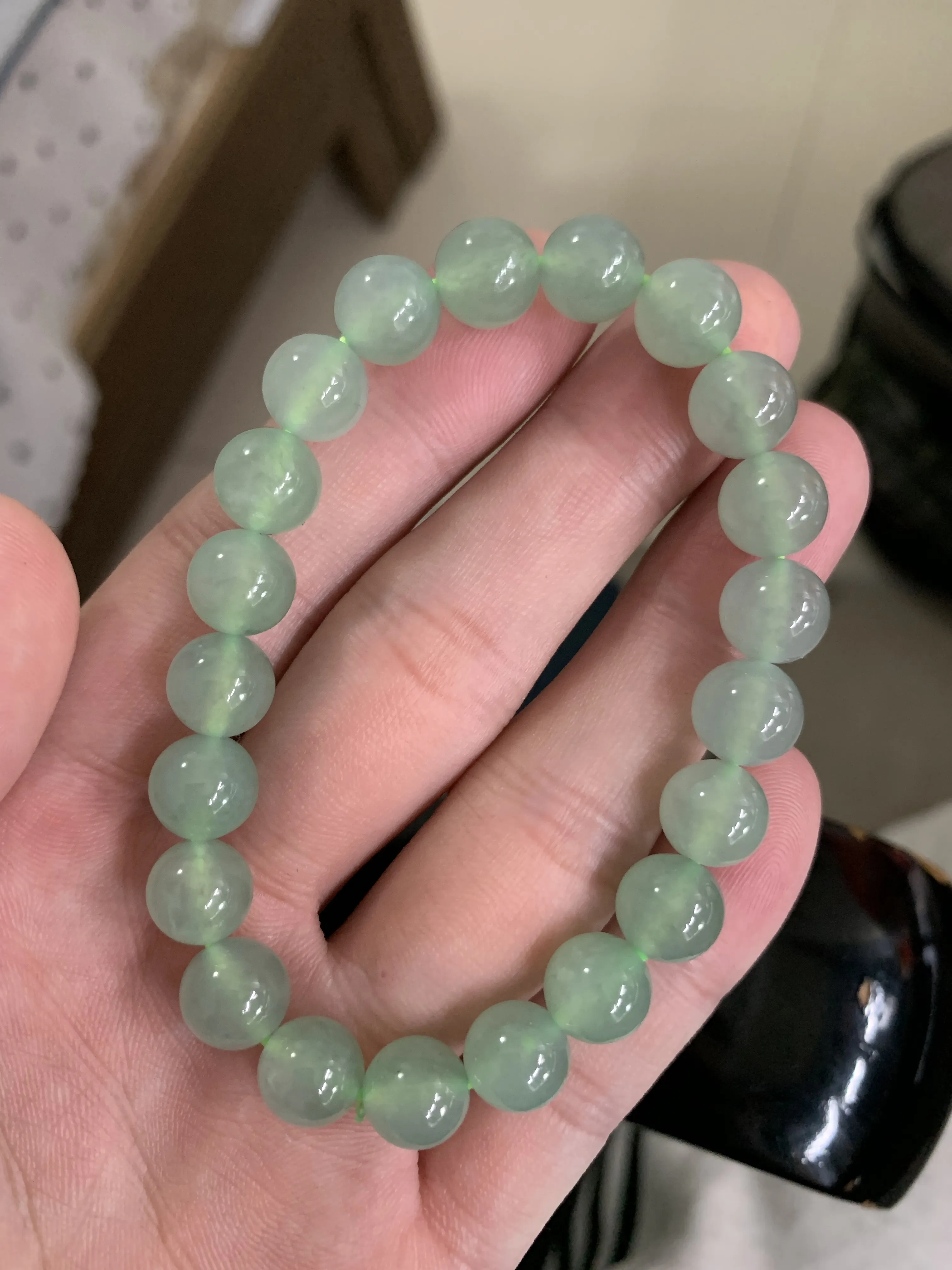 缅甸天然翡翠A货，冰种起胶晴水绿圆珠手串手链，尺寸：9.3mm/21颗，实物更美