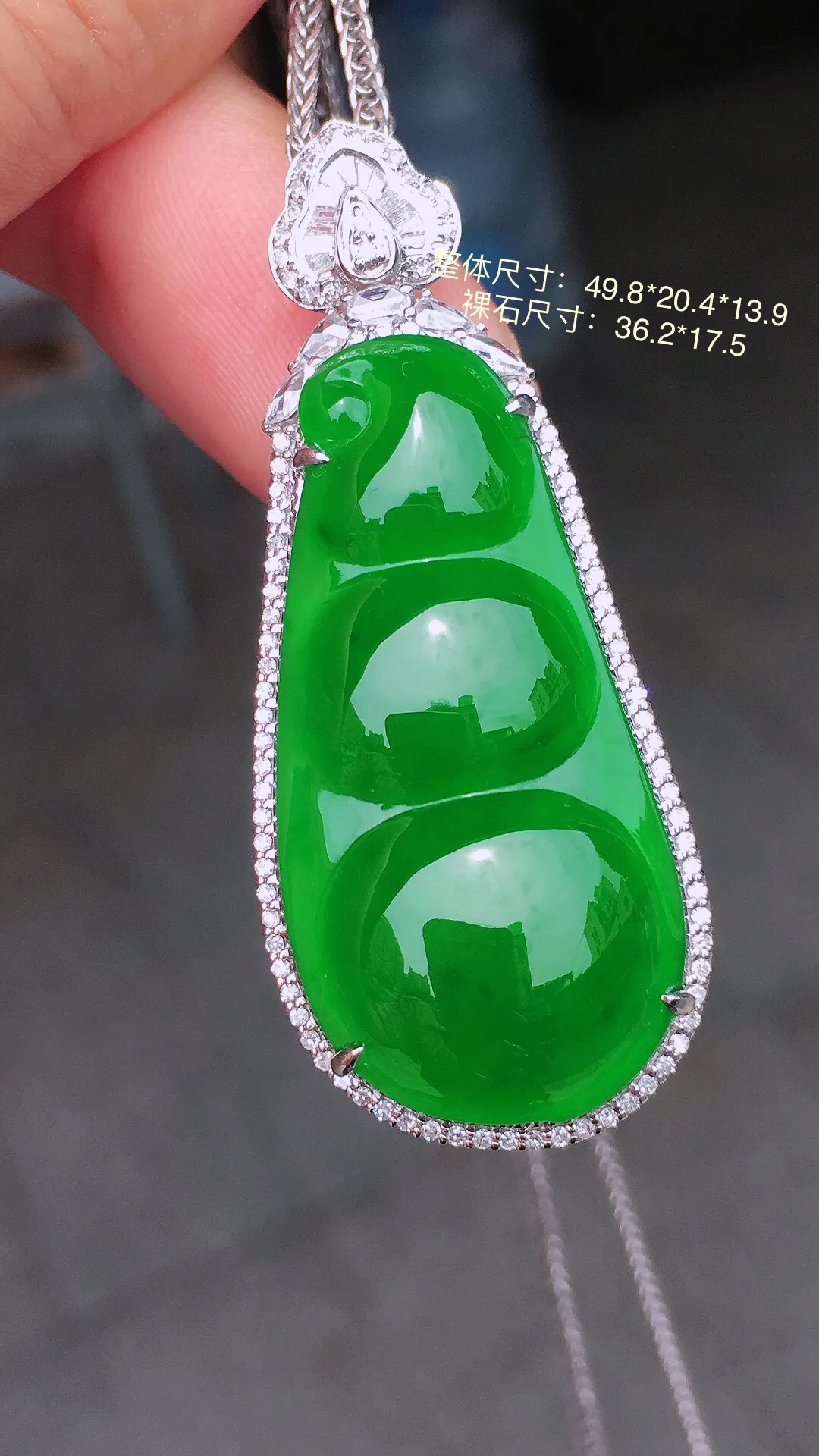 阳绿福豆吊坠，色泽均匀艳丽，玉质细腻，荧光感超
强，饱满圆润，气质满满。18k
金豪华镶嵌