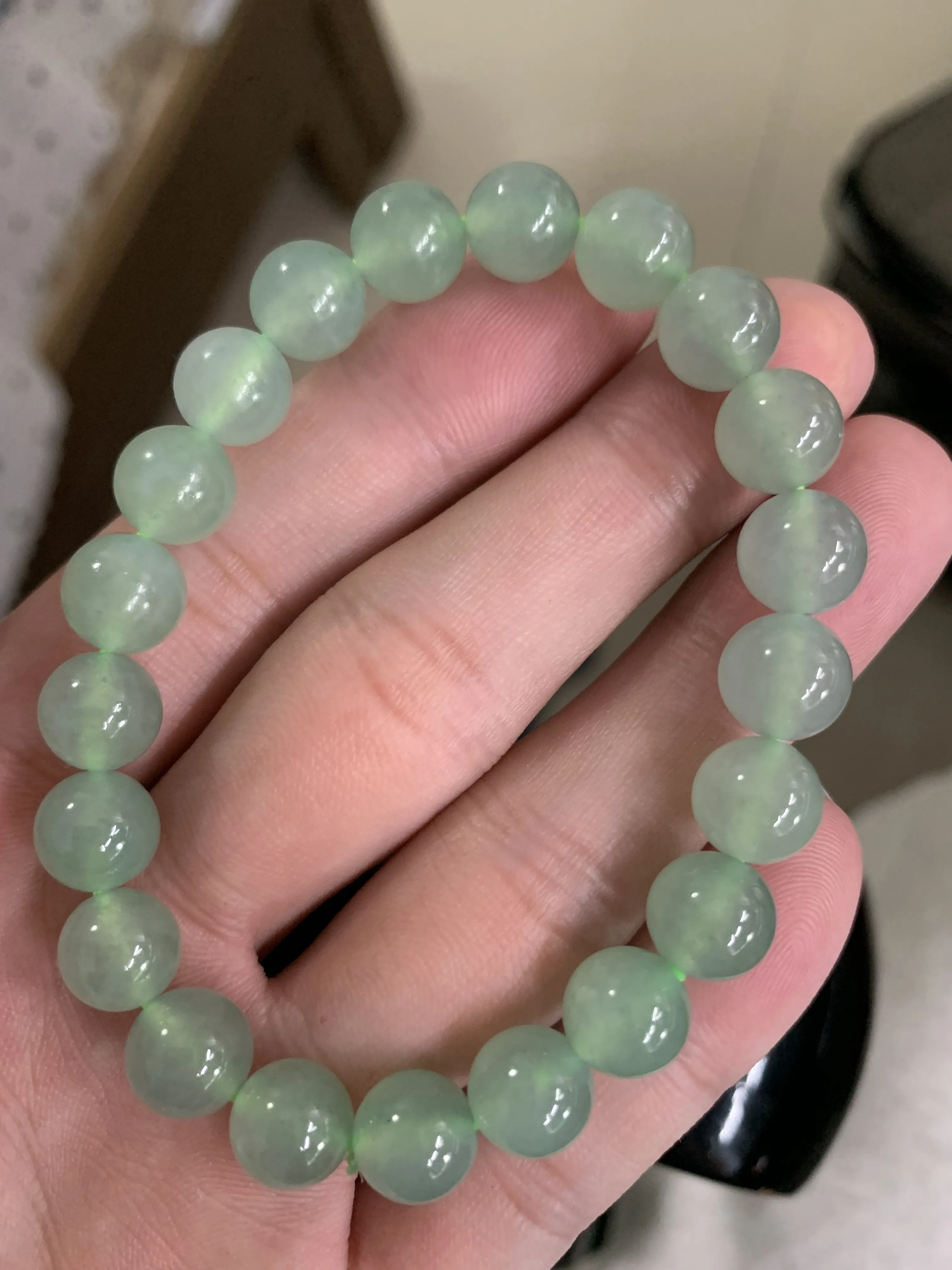 缅甸天然翡翠A货，冰种起胶晴水绿圆珠手串手链，尺寸：9.3mm/21颗，实物更美