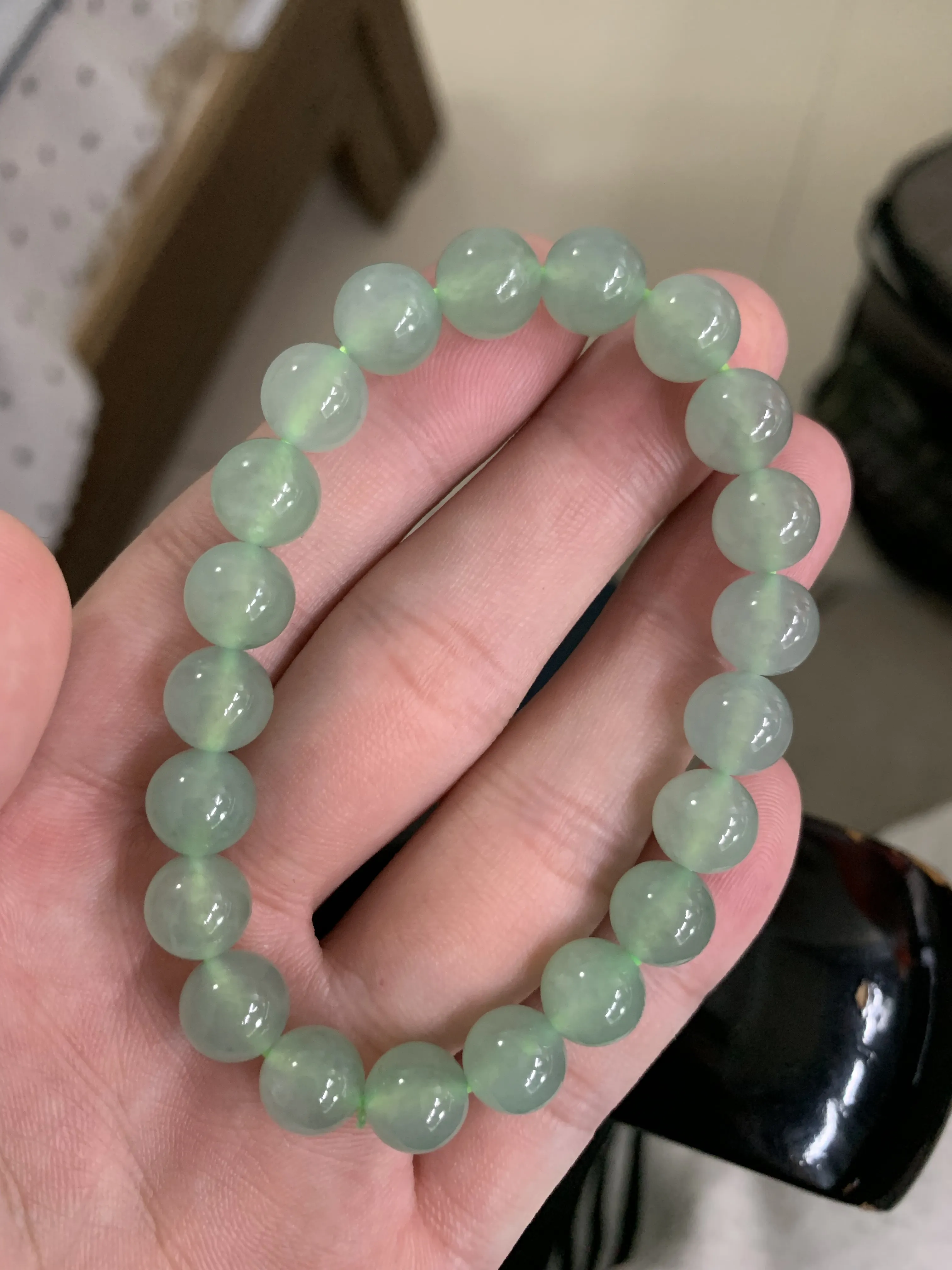 缅甸天然翡翠A货，冰种起胶晴水绿圆珠手串手链，尺寸：9.3mm/21颗，实物更美