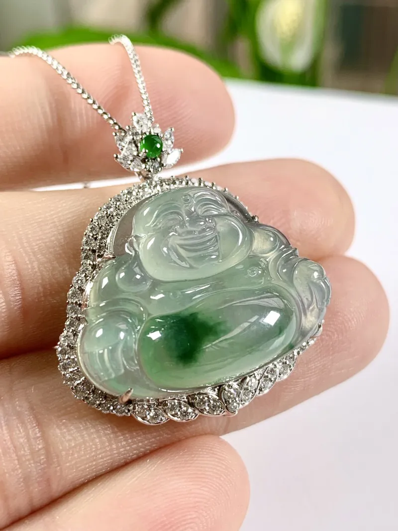 缅甸天然翡翠A货，18K金豪华镶嵌冰种起胶飘绿佛公吊坠挂件，尺寸：整体33.5/30/10.4mm，