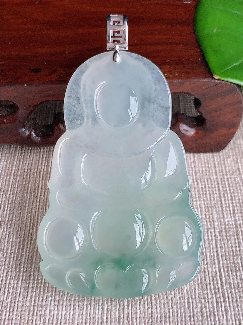 a货翡翠老坑冰种18K金镶嵌飘花正装观音吊坠 尺寸61.8×52.5×35×6mm 重量20.90g 0615