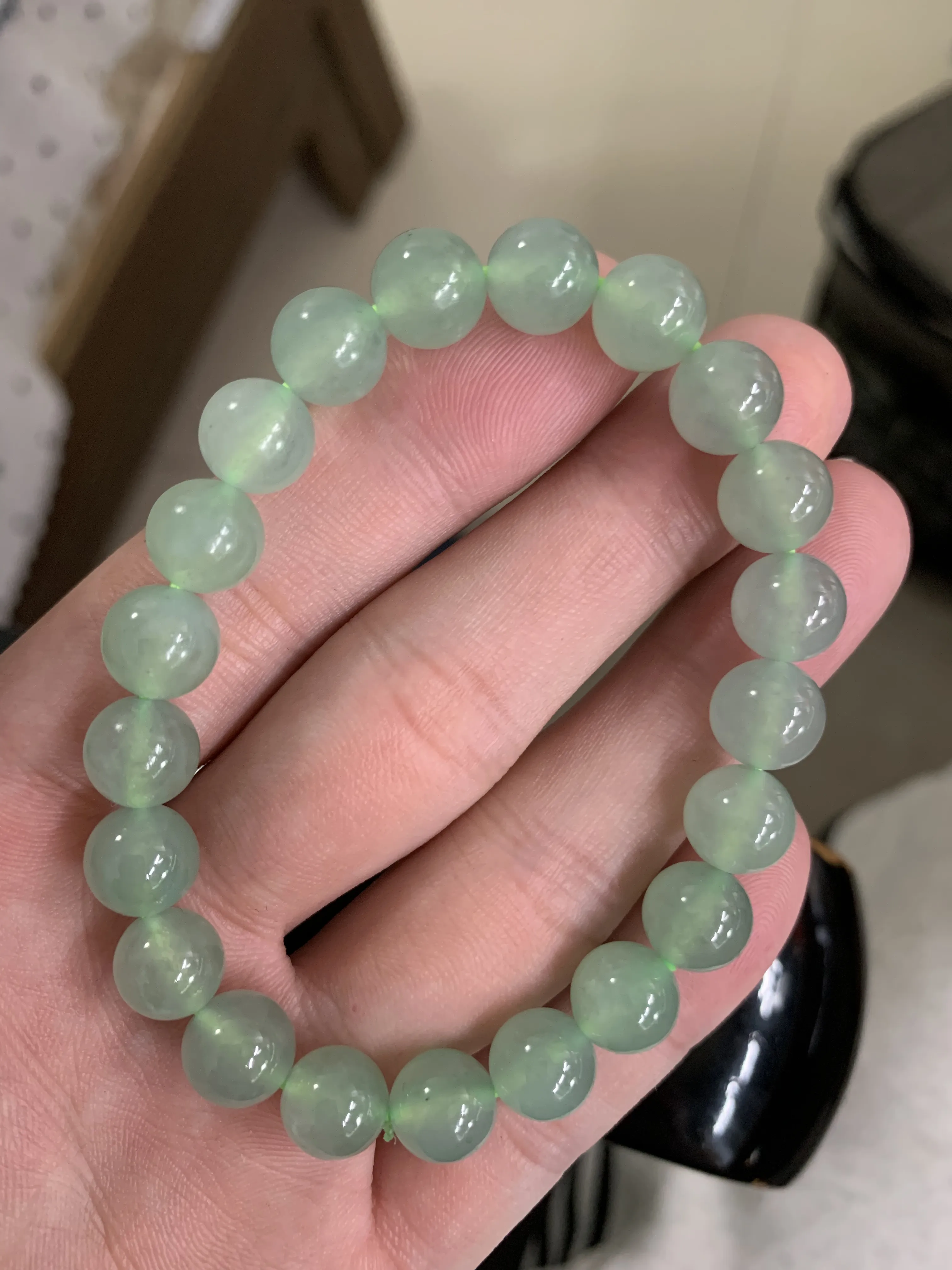 缅甸天然翡翠A货，冰种起胶晴水绿圆珠手串手链，尺寸：9.3mm/21颗，实物更美