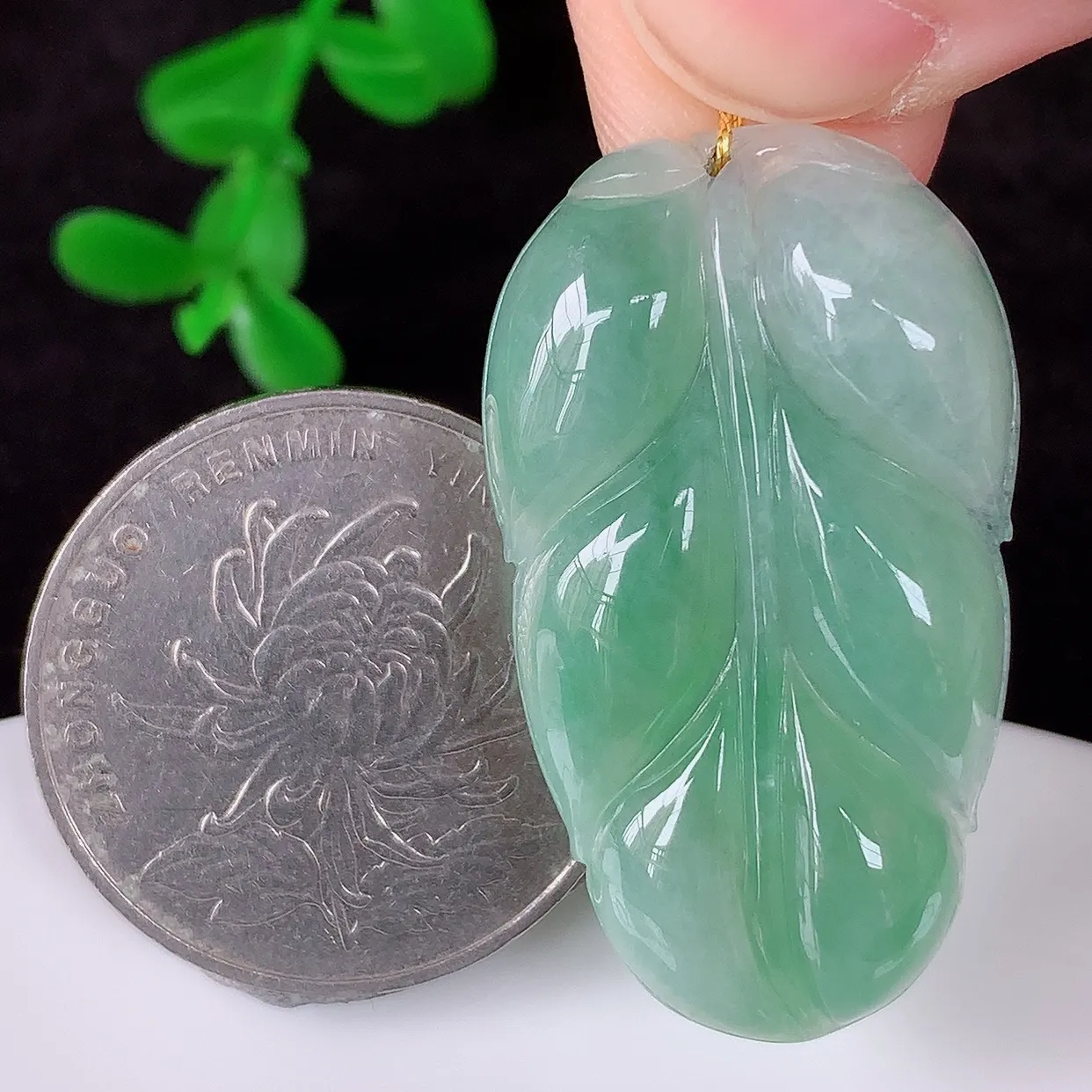 自然光实拍，冰润冰飘绿翡翠事业有成叶子吊坠，莹润且起胶，叶子清秀优雅，佩戴大业有成！#00.14