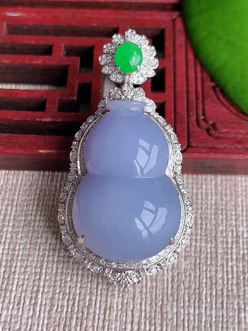 a货翡翠老坑冰种18K金伴钻镶嵌紫罗兰葫芦吊坠 尺寸41×21×14.5裸石24.3×16.2mm 