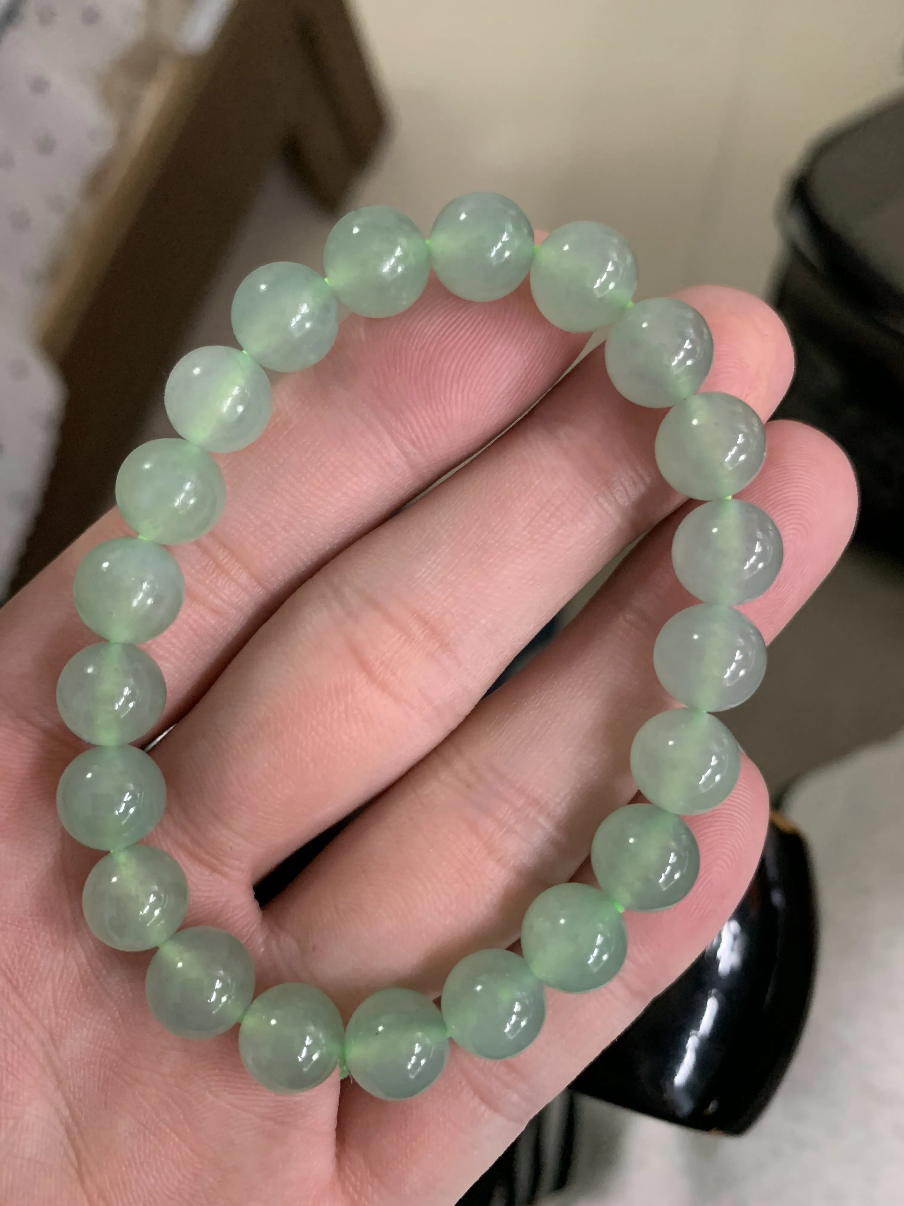 缅甸天然翡翠A货，冰种起胶晴水绿圆珠手串手链，尺寸：9.3mm/21颗，实物更美