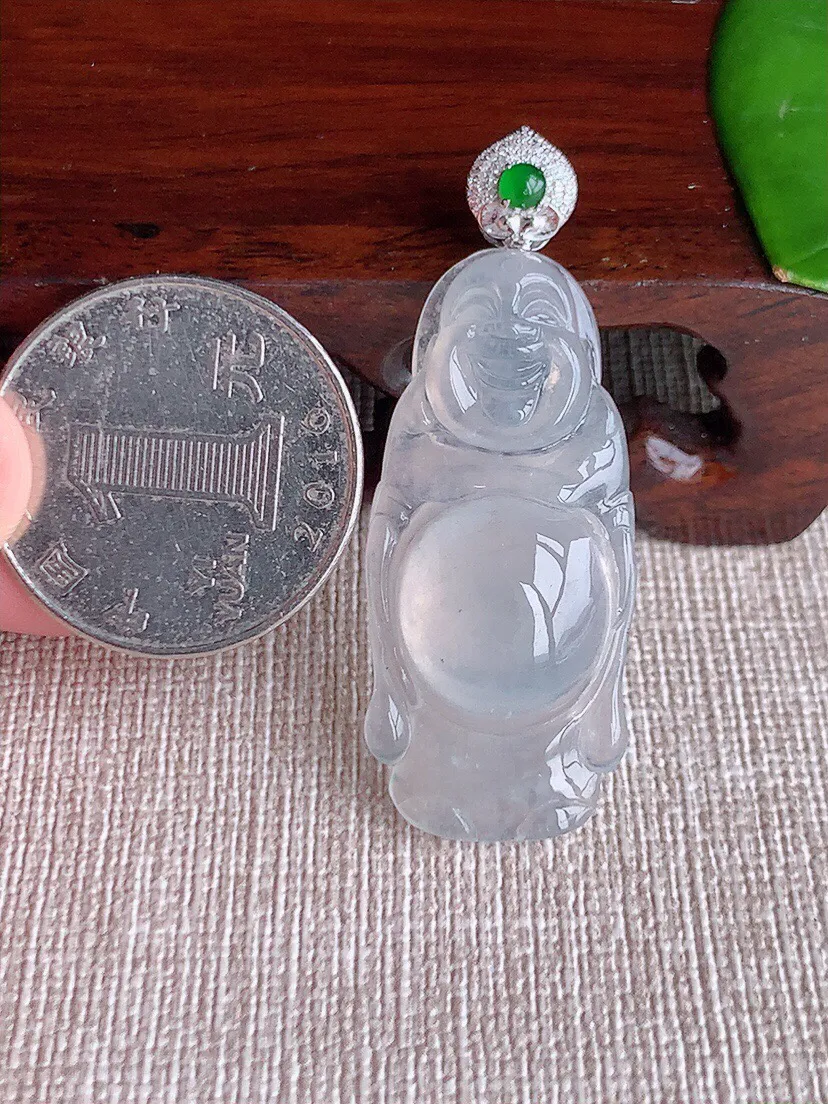 a货翡翠老坑冰种18K金伴钻镶嵌白月光站佛吊坠 尺寸46×37×17×6.3mm 重量6.85g 0615