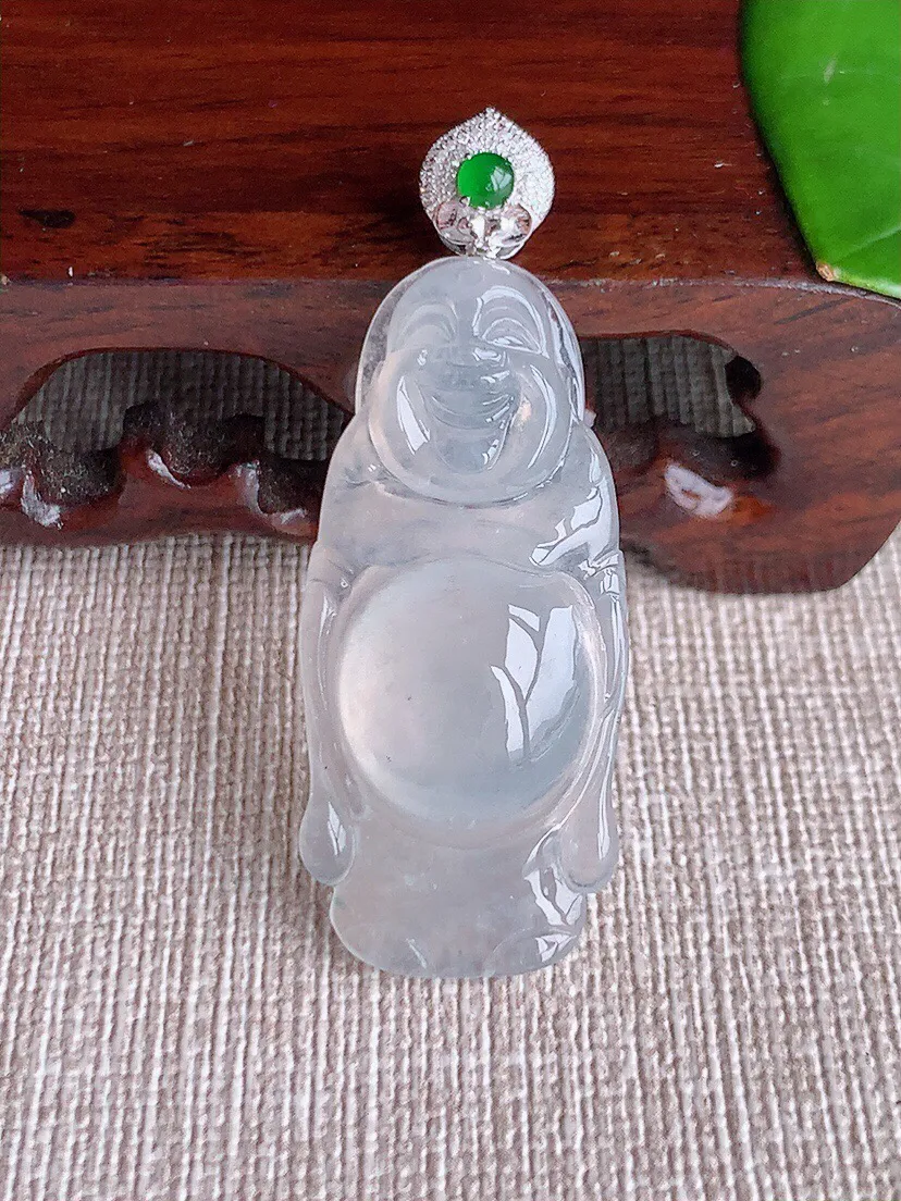 a货翡翠老坑冰种18K金伴钻镶嵌白月光站佛吊坠 尺寸46×37×17×6.3mm 重量6.85g 0