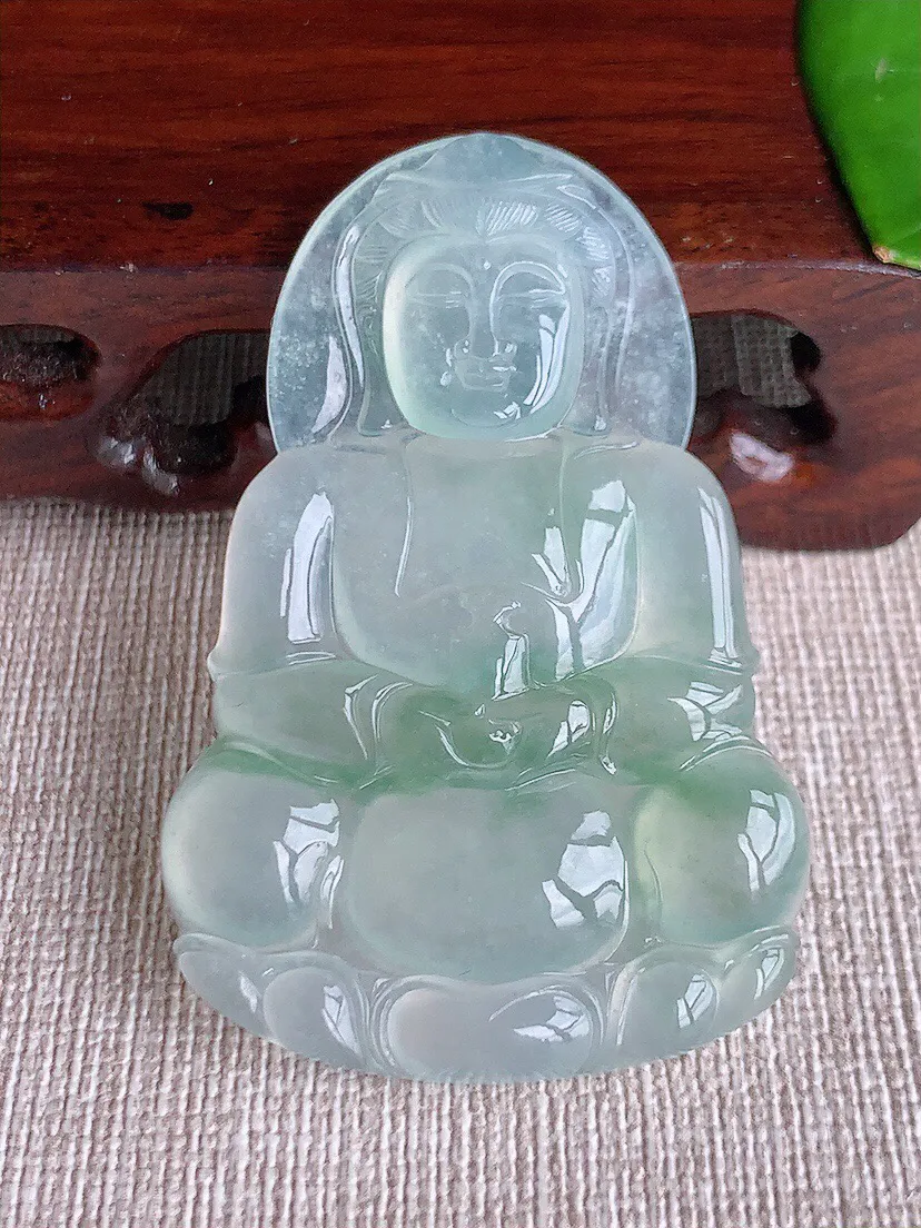 a货翡翠老坑冰种飘花正装观音吊坠 尺寸54×36×5.6mm 重量19.06g 0615