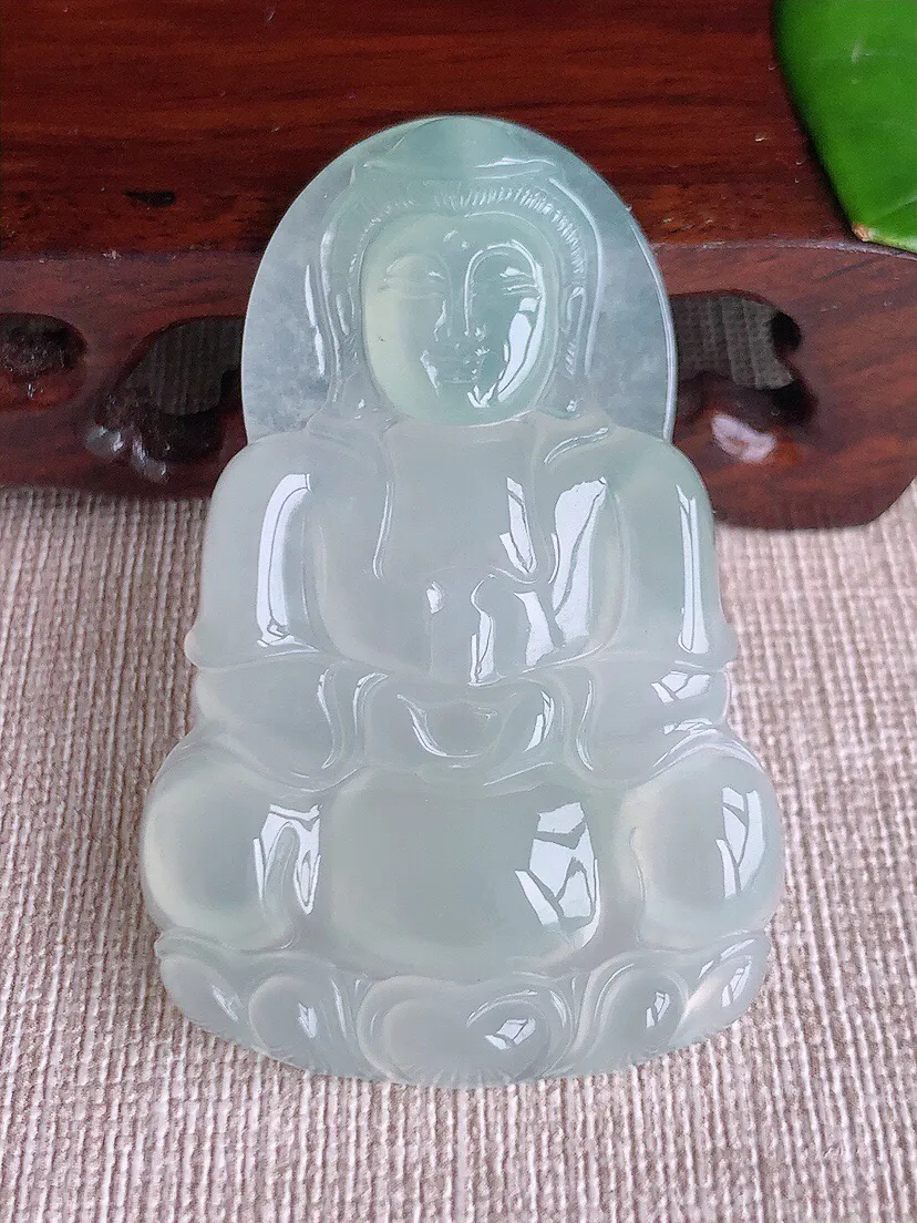 a货翡翠老坑冰种晴水正装观音吊坠 尺寸55.6×35.6×5.6mm 重量19.79g 0615