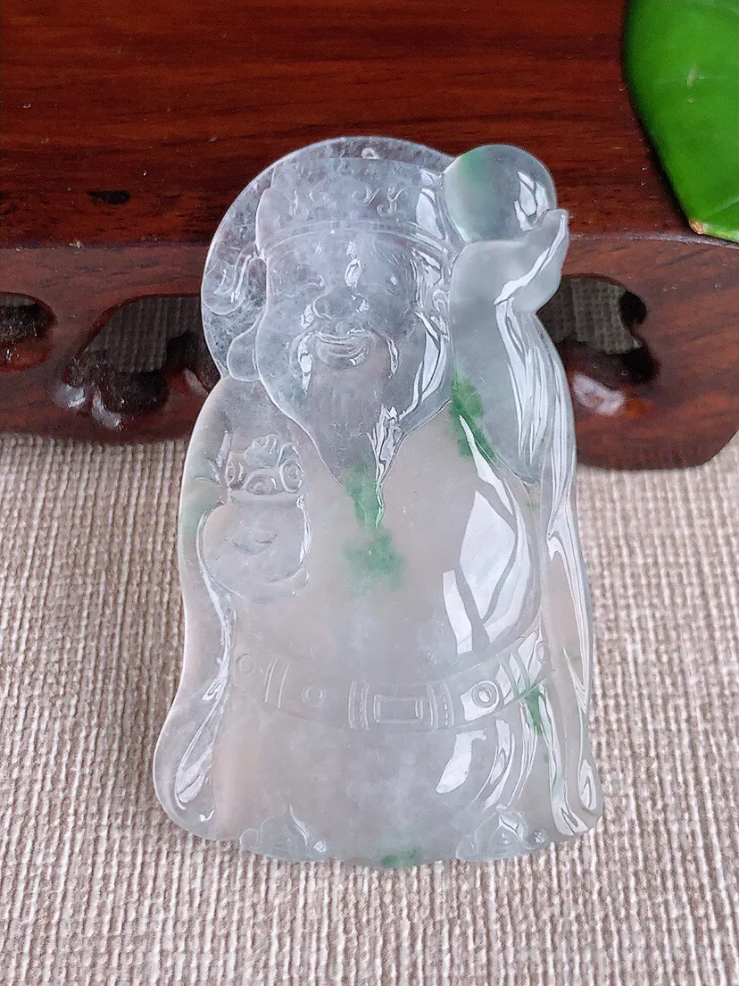 a货翡翠老坑高冰种飘花一刀切财神爷吊坠 尺寸50.6×30.3×5.2mm 重量16.06g 061
