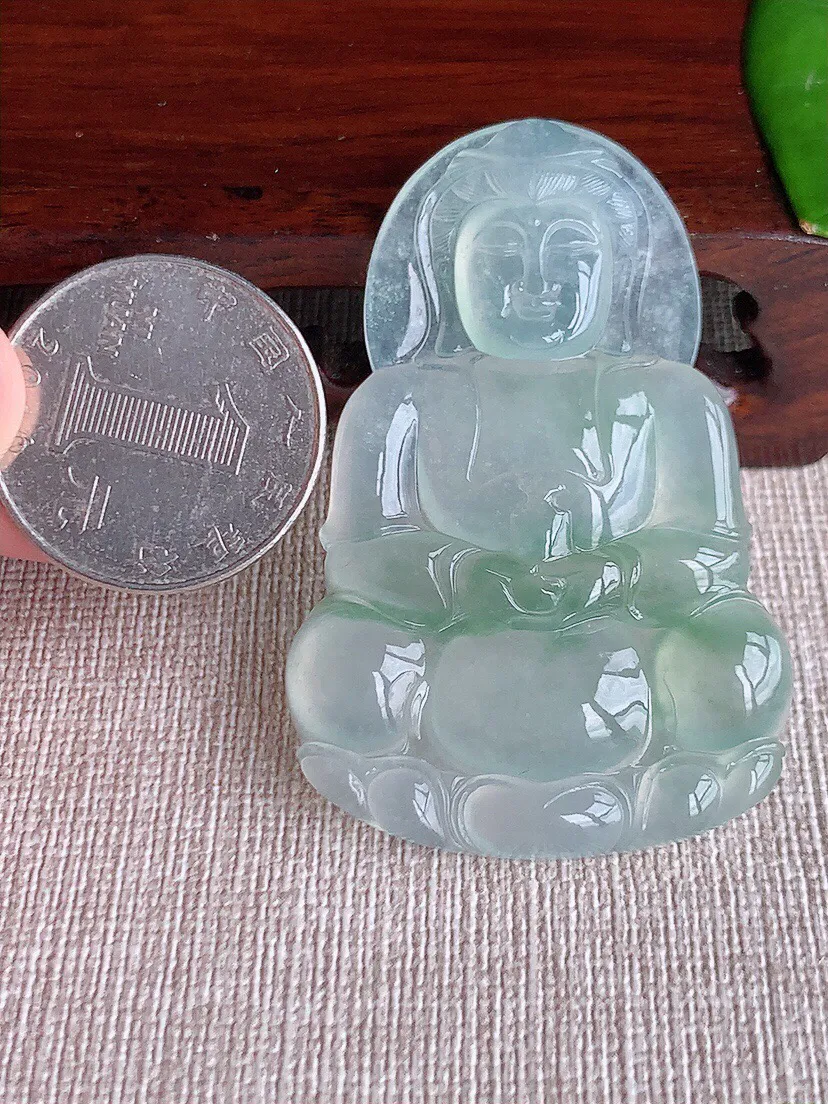 a货翡翠老坑冰种飘花正装观音吊坠 尺寸54×36×5.6mm 重量19.06g 0615