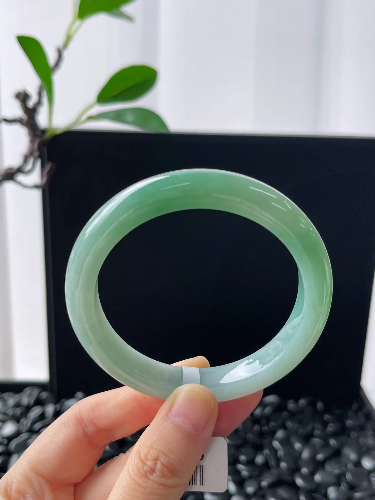 正圈55圈口，翡翠糯化种淡绿色手镯