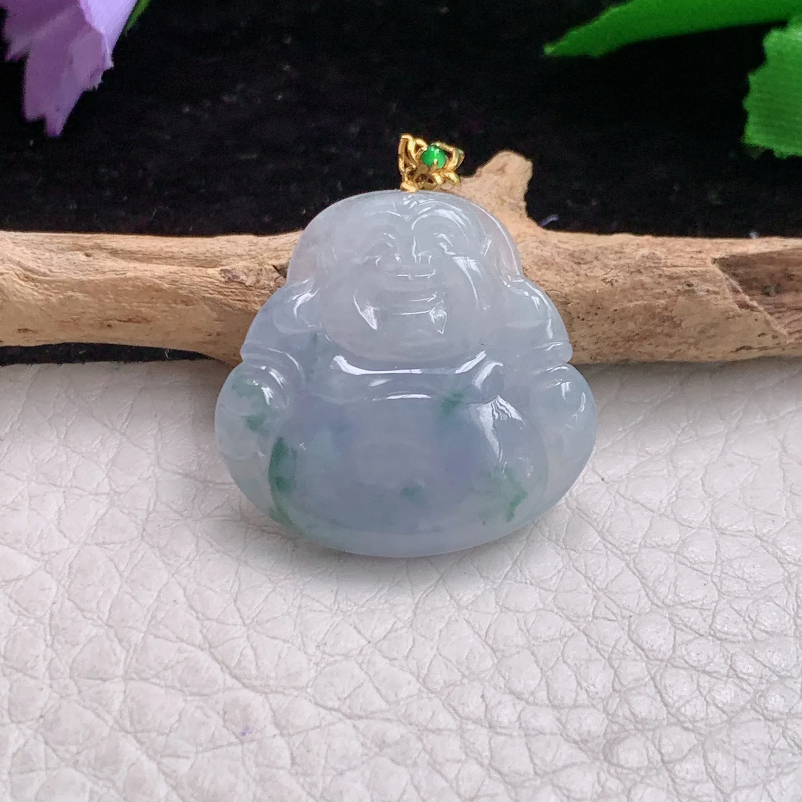 lck实拍24*25*4老坑精雕冰紫飘花开心佛 翡翠佛公玉坠 玉挂件 18k