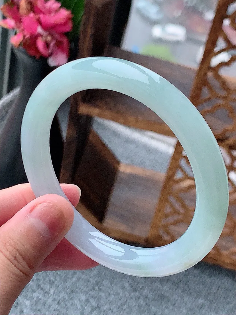 a货翡翠老坑晴水淡紫罗兰圆条手镯58-59圈口  尺寸58×9.5mm 重量52.88g 0614