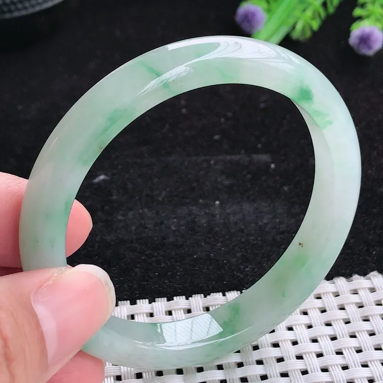自然光54.5/9.6/7.2老坑冰胶水灵飘花细条手镯翡翠玉镯美人镯