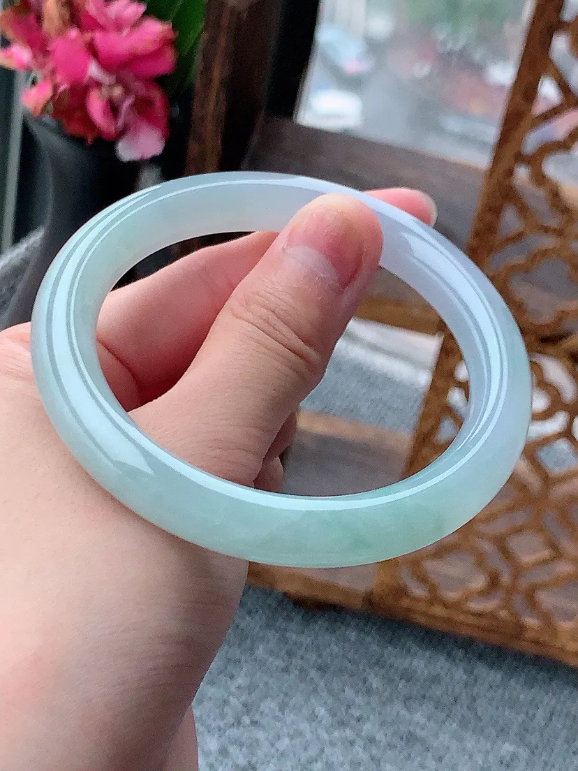 a货翡翠老坑晴水淡紫罗兰圆条手镯58-59圈口  尺寸58×9.5mm 重量52.88g 0614