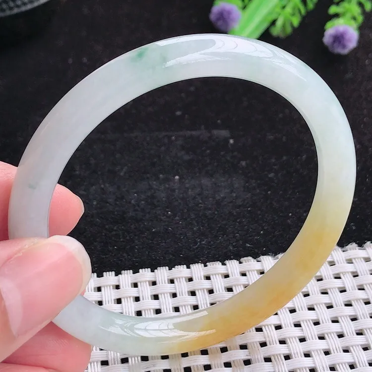 自然光54/8.1/7.2老坑冰润水灵起胶黄翡细条手镯翡翠玉镯美人镯圆条