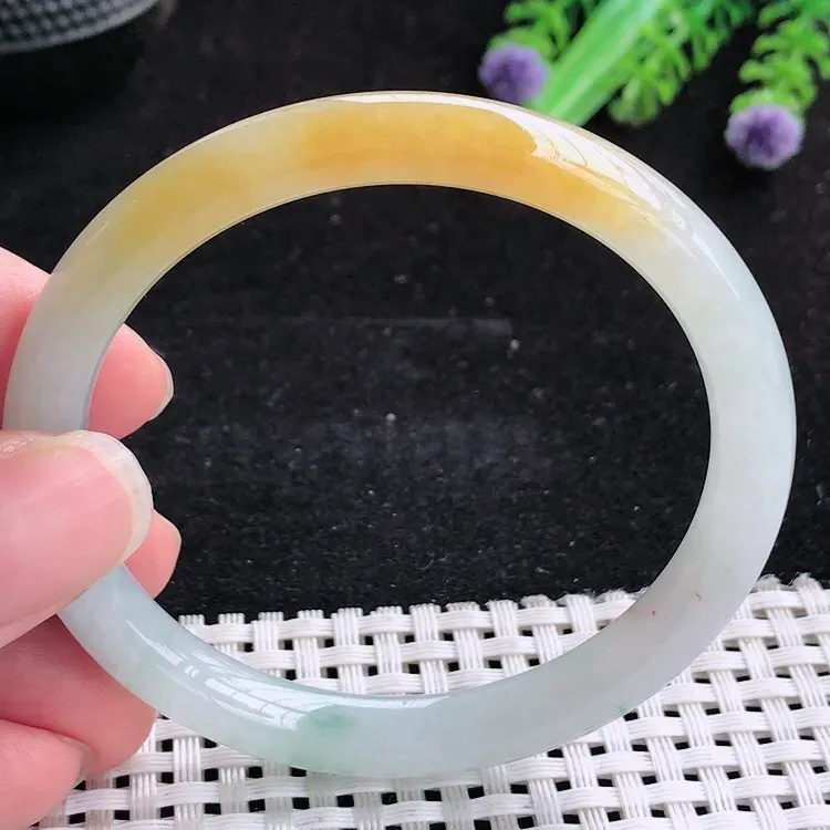 自然光54/8.1/7.2老坑冰润水灵起胶黄翡细条手镯翡翠玉镯美人镯圆条