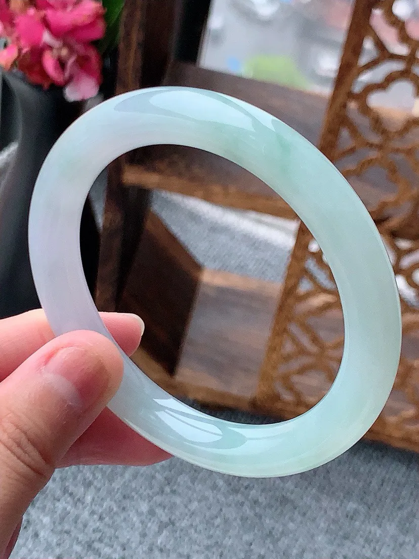 a货翡翠老坑晴水淡紫罗兰圆条手镯58-59圈口  尺寸58×9.5mm 重量52.88g 0614