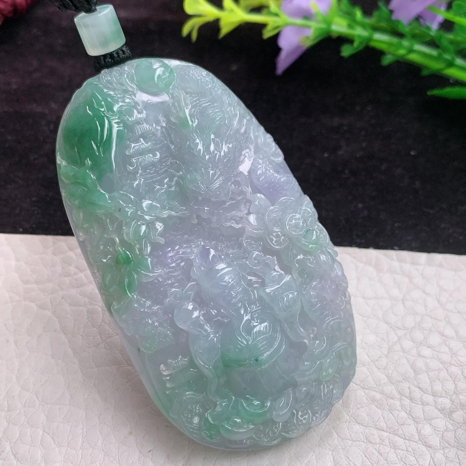 mut实拍73*42.2*11.5老坑精雕胶感山水财神爷玉吊坠 翡翠财爷玉挂件