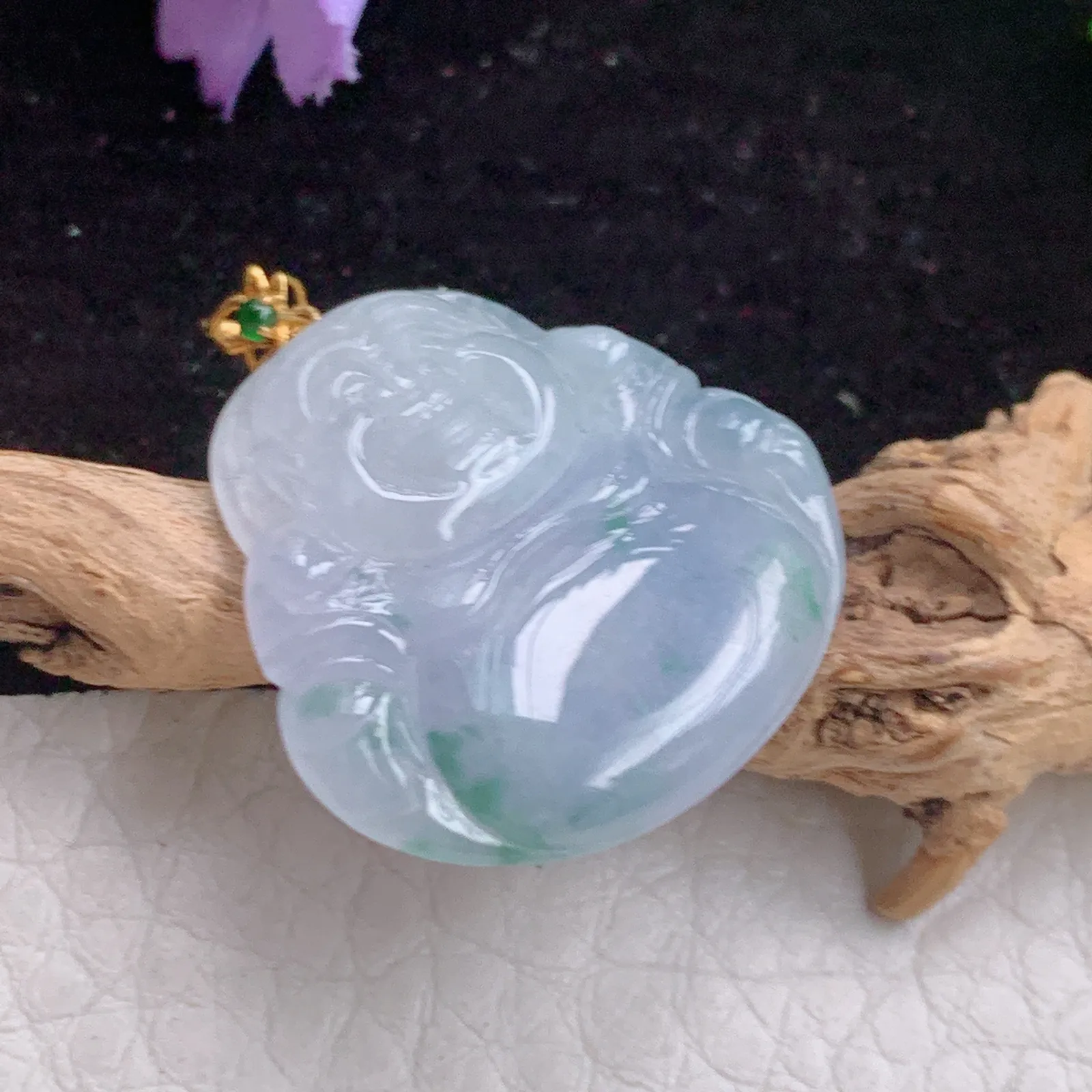 lck实拍24*25*4老坑精雕冰紫飘花开心佛 翡翠佛公玉坠 玉挂件 18k