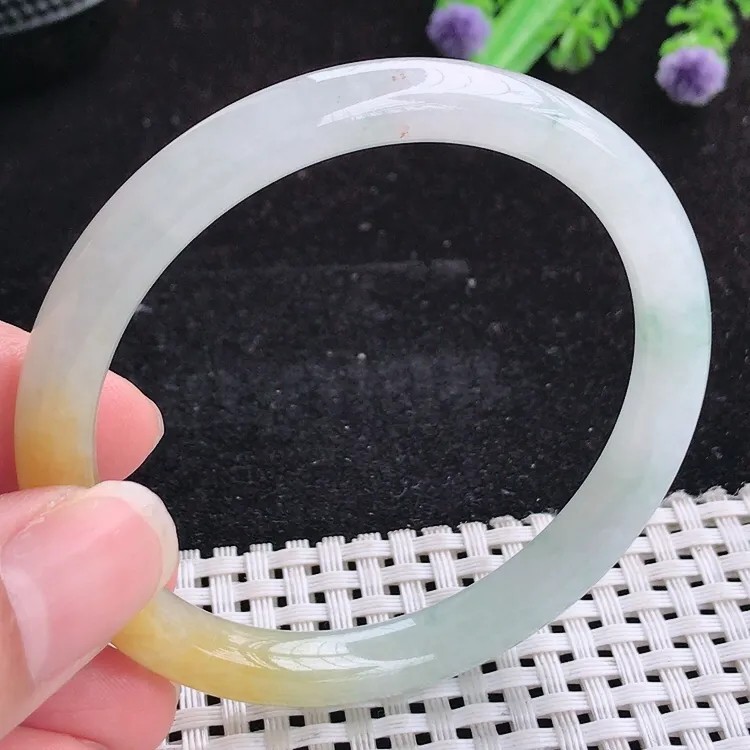 自然光54/8.1/7.2老坑冰润水灵起胶黄翡细条手镯翡翠玉镯美人镯圆条