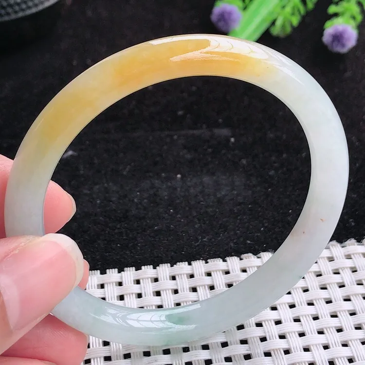 自然光54/8.1/7.2老坑冰润水灵起胶黄翡细条手镯翡翠玉镯美人镯圆条