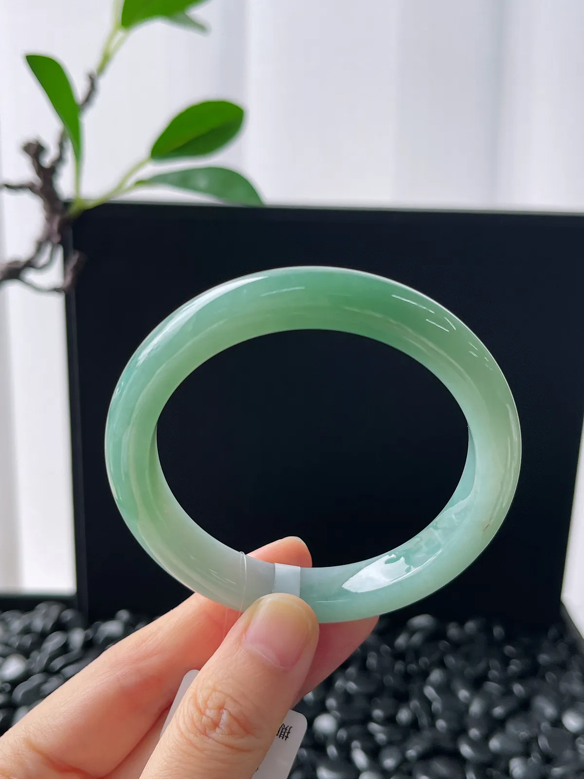 正圈55圈口，翡翠糯化种淡绿色手镯