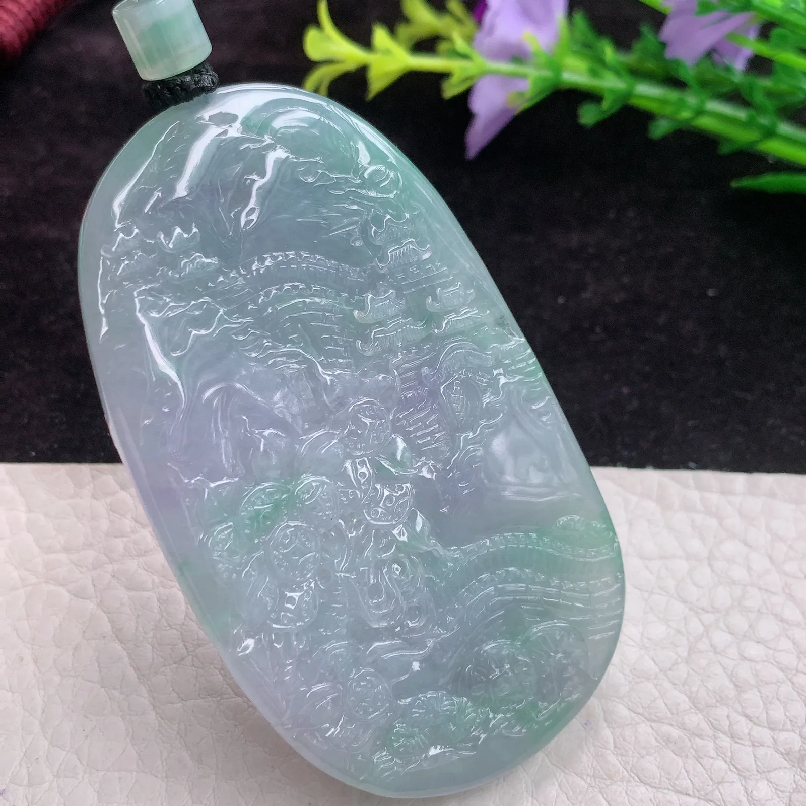 mut实拍73*42.2*11.5老坑精雕胶感山水财神爷玉吊坠 翡翠财爷玉挂件