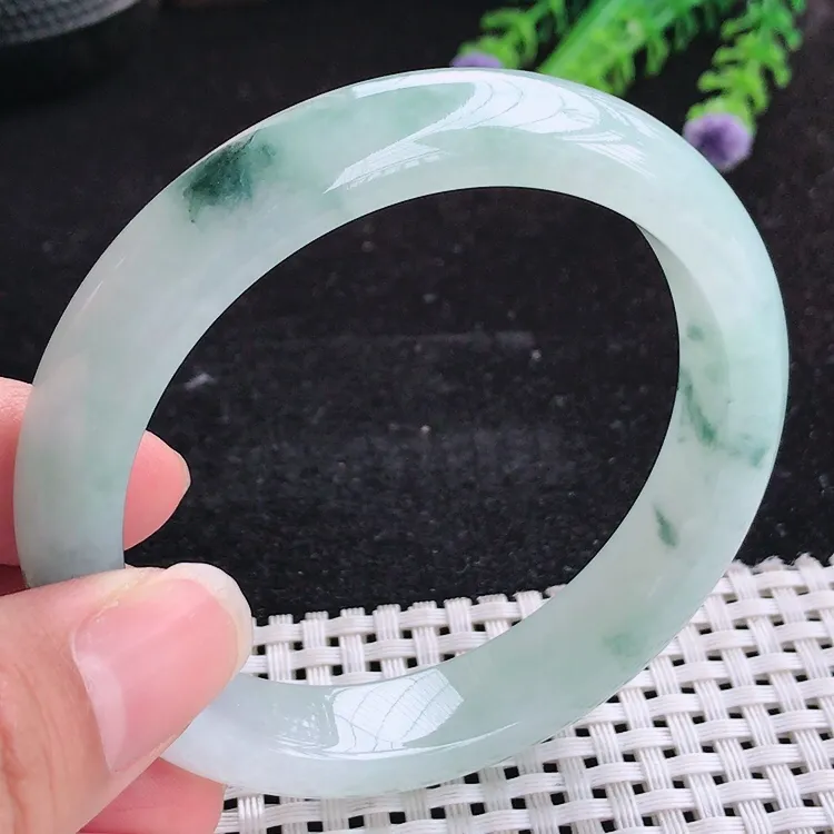 自然光58.5/12.8/8.5老坑冰透起胶特色飘花手镯翡翠玉镯美人镯