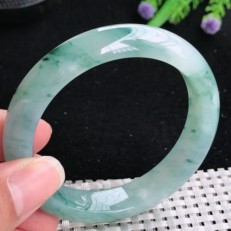 自然光55.5/12.8/8.5老坑冰胶果冻特色飘花手镯翡翠玉镯美人镯
