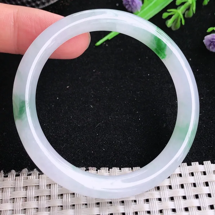 自然光50/7.5老坑冰胶水灵飘花圆条手镯翡翠玉镯美人镯