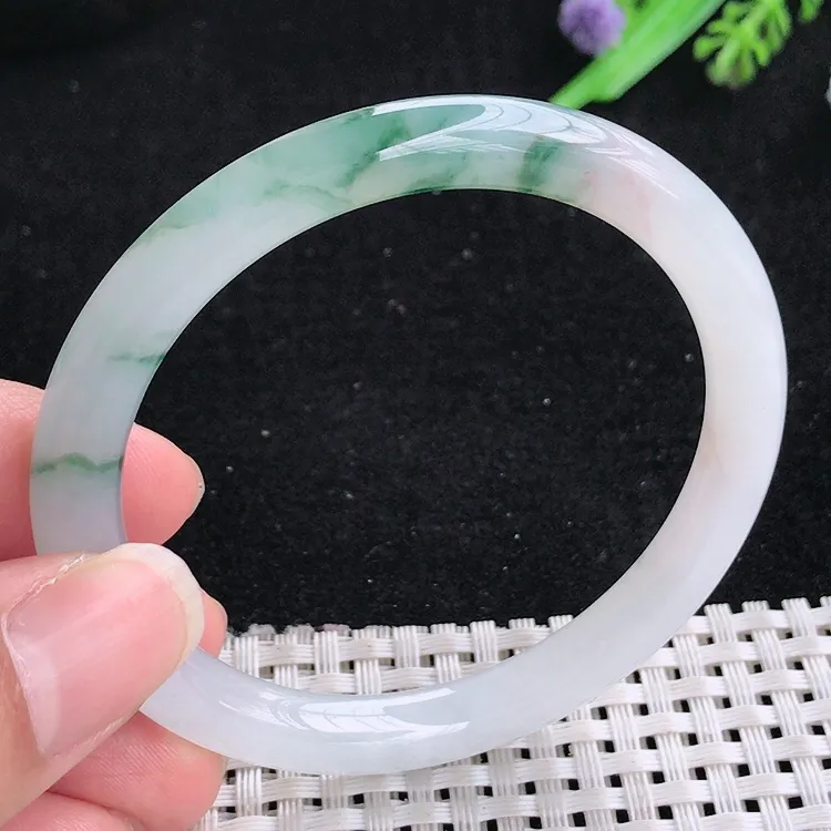自然光54/7.3/7.6老坑冰胶水灵飘花细条圆条手镯翡翠玉镯叮当镯