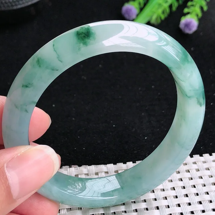 自然光55.5/12.8/8.5老坑冰胶果冻特色飘花手镯翡翠玉镯美人镯