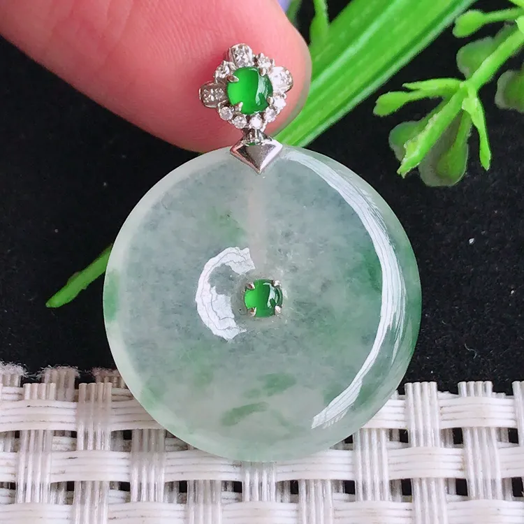 自然光23.6/4.6老坑精美18k金镶嵌冰种果冻胶飘花平安扣吊坠翡翠玉坠挂件