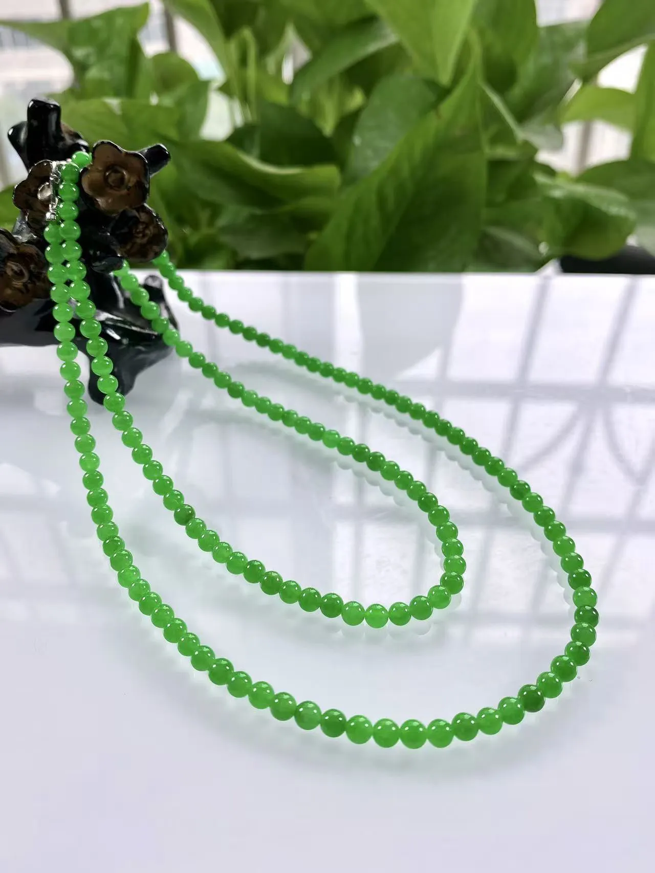 收藏传承级别，缅甸天然翡翠A货，卡4高冰起胶满绿浓正阳绿圆珠项链手链，尺寸：4mm/158颗，长度6