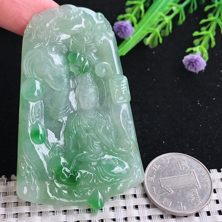 自然光70/45/5.2老坑精美冰胶果冻满绿飘阳绿普贤菩萨吊坠翡翠玉坠挂件