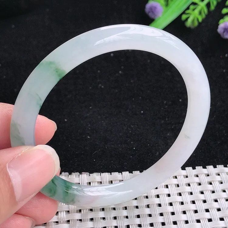 自然光54/7.3/7.6老坑冰胶水灵飘花细条圆条手镯翡翠玉镯叮当镯