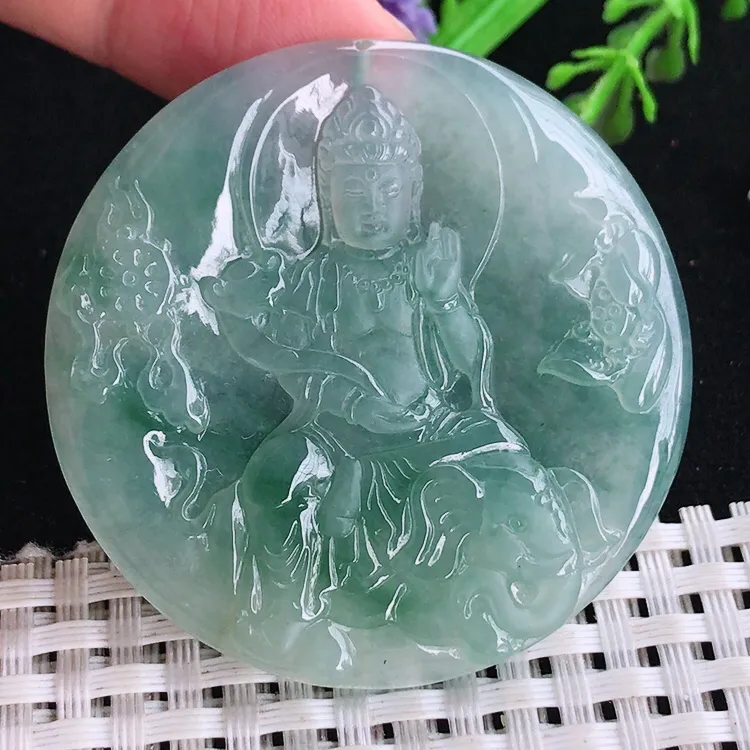 自然光49.5/4.6老坑冰胶水灵果冻胶飘花普贤菩萨吊坠翡翠玉坠挂件