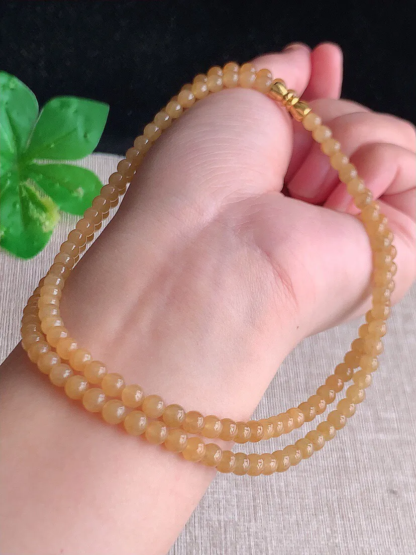 a货翡翠老坑冰种黄翡圆珠项链毛衣链139颗 尺寸4mm 重量20.88g 0617