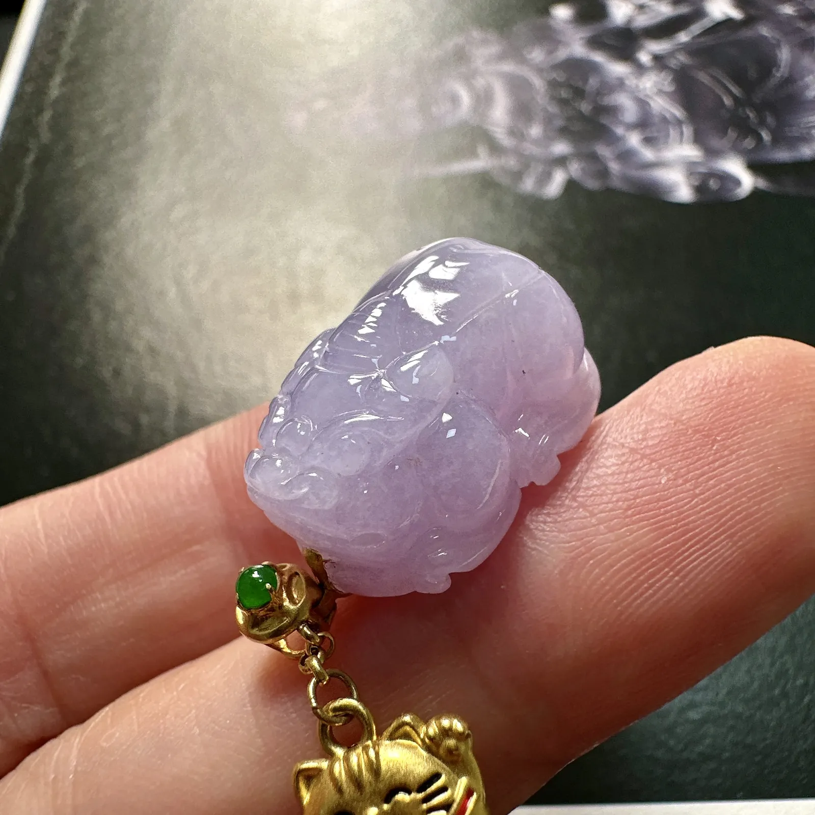 【冰种紫貔貅吊坠】质地细腻，光泽度不错，招财神兽，18k金钻镶嵌，裸石尺寸20.6*15.2*11毫米