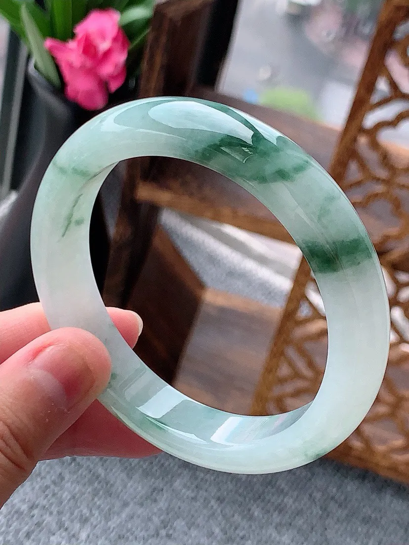 a货翡翠老坑飘花正装正圈手镯57-58圈口 尺寸57.3×12×8.5mm 重量59.40g 061