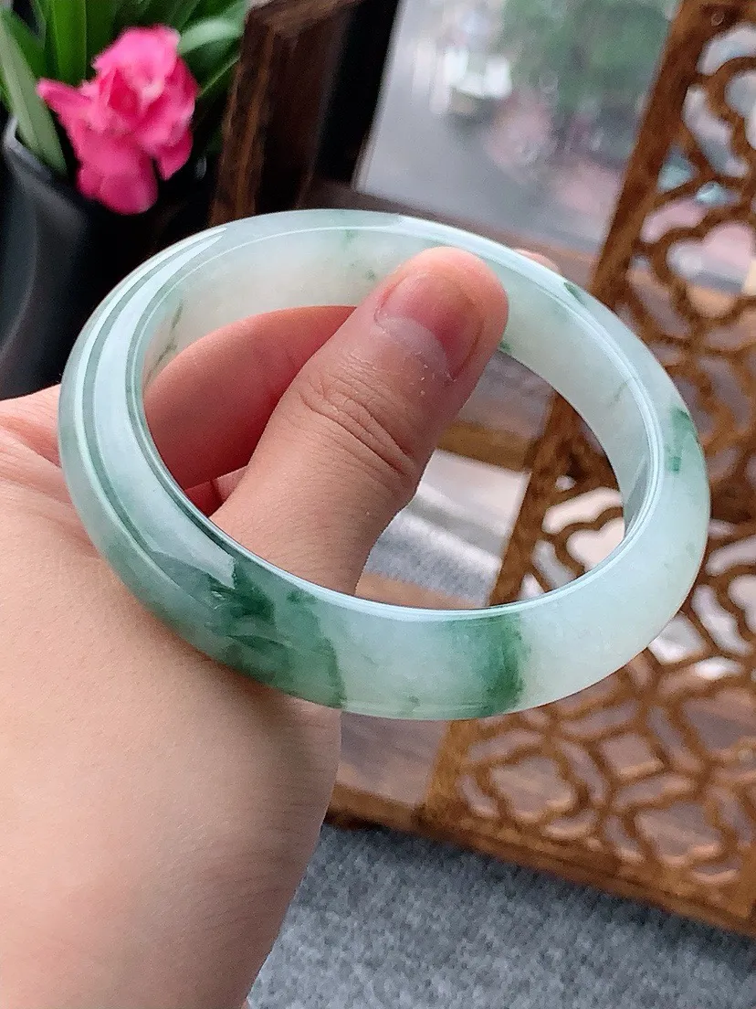 a货翡翠老坑飘花正装正圈手镯57-58圈口 尺寸57.3×12×8.5mm 重量59.40g 0615